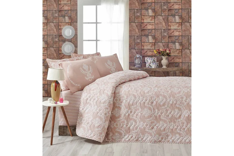 Eponj Home Sengetæppe Dobbelt 200x220+2 Pudebetræk Quiltet, Lyserød/Hvid