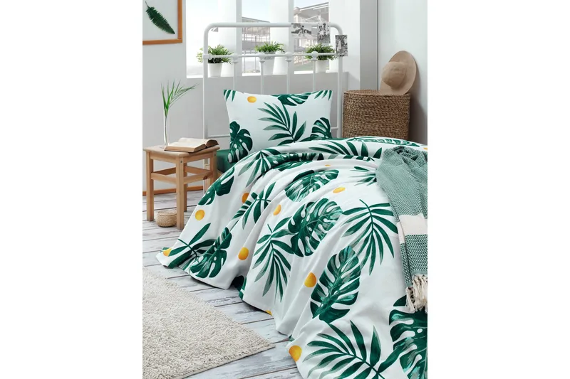 EnLora Home Sengetæppe 160x235 cm, Hvid/Grøn/Gul