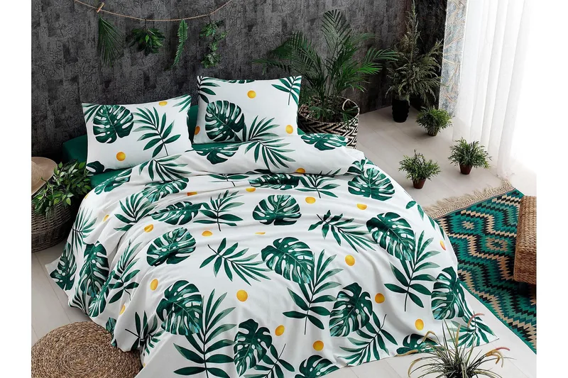 EnLora Home Sengetæppe 200x235 cm, Hvid/Grøn/Gul