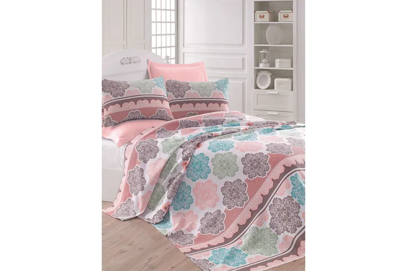 Eponj Home Sengetæppe Dobbelt 200x235 cm, Turkis/Lyserød/Creme