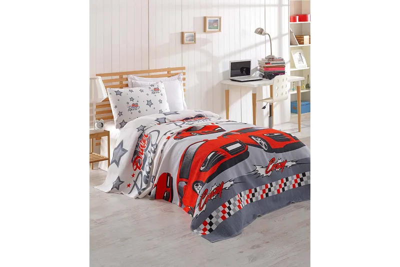 Eponj Home Sengetæppe Enkelt 160x235 cm, Hvid/Grå/Rød