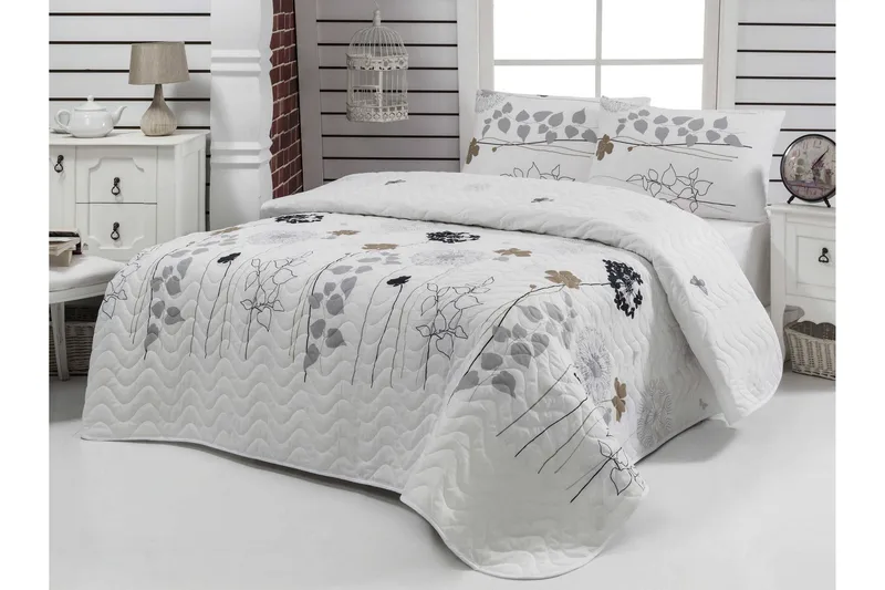 Eponj Home Sengetæppe Dobbelt 200x220+2 Pudebetræk Quiltet, Hvid/Grå/Sort/Brun