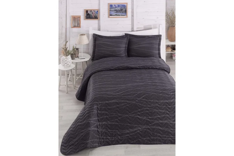 Eponj Home Sengetæppe Dobbelt 200x220+2 Pudebetræk Quiltet, Grå/Antracit