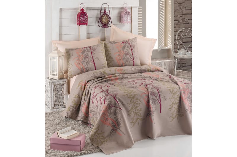Eponj Home Sengetæppe Dobbelt 200x235+Lagen+2 Pudebetræk - Beige/Rød/Lyserød/Grøn - Tekstiler - Sengetøj - Sengetæppe