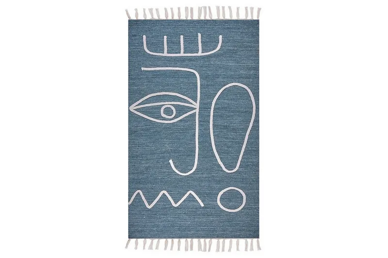 Fladvævet Yavu, Blå, Hvid, 80x150 cm