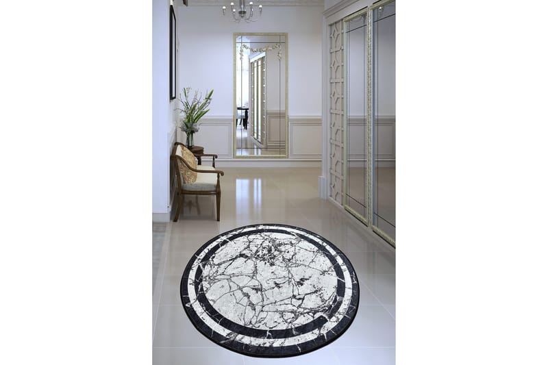 Brinmor Tæppe Rund 140 cm - Hvid/Sort/Velour - Tekstiler - Tæpper - Moderne tæppe - Mønstrede tæpper
