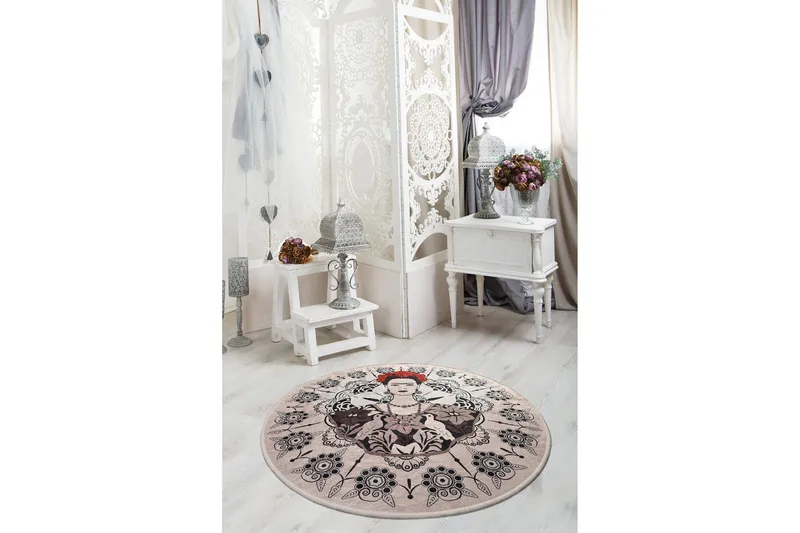 Fahmida Tæppe Rund 100 cm - Flerfarvet/Velour - Tekstiler - Tæpper - Moderne tæppe - Mønstrede tæpper