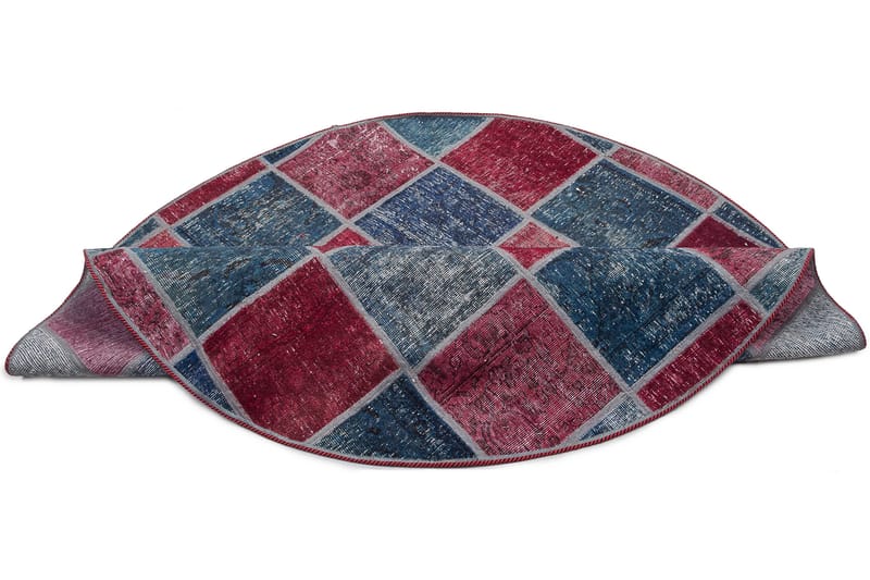 Håndknyttet patchwork tæppe uld / garn rød / blå 165x165cm - Patchwork tæppe - Håndvævede tæpper