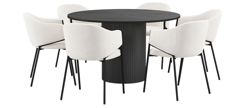 Kopparbo Rundt Spisebord 130 cm med 6 Filip Spisestole, Sort træ / Hvid Bouclé