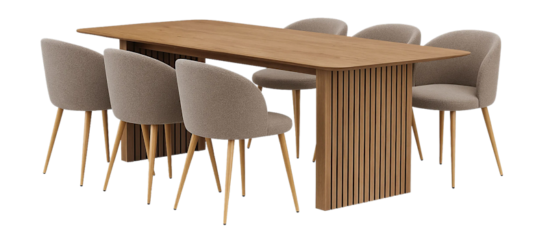 Richeto Spisebord 240 cm med 6 Greya Spisestole med armlæn, Naturlig finish / Greige Bouclé / Metalben Eg