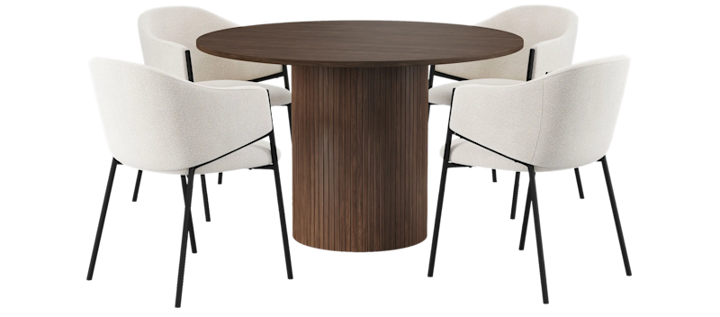 Kopparbo Rundt Spisebord 120 cm med 4 Filip Spisestole, Mørkebrun / Taupe Bouclé