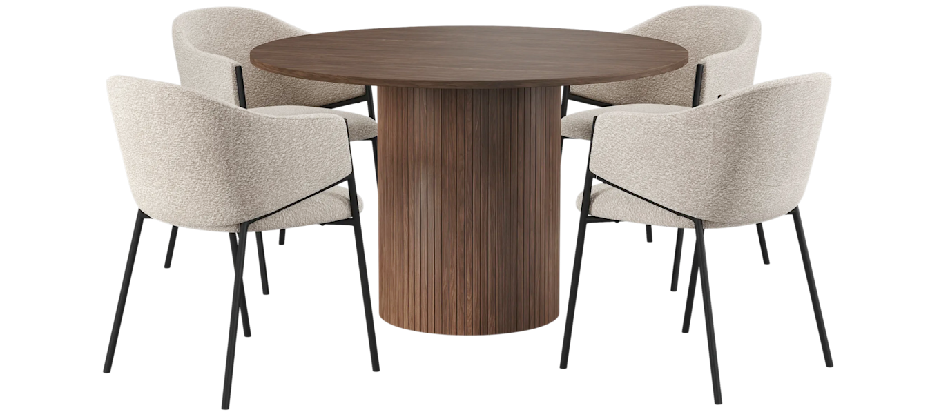 Kopparbo Rundt Spisebord 120 cm til 6 personer med 4 Filip Spisestole, Mørkebrun / Taupe Bouclé