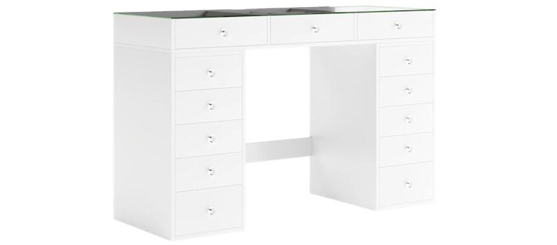 Glow Stort sminkebord med glasplade – Opbevaring med skuffer og rum 120 cm, Hvid