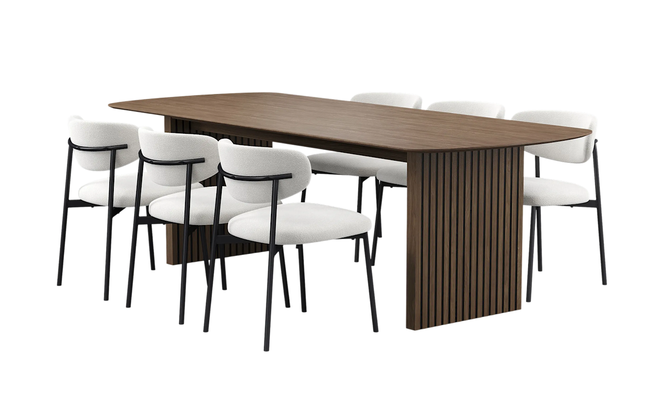 Richeto Spisebord 240 cm med 6 Lucy Spisestole, Røget eg / Hvid Bouclé