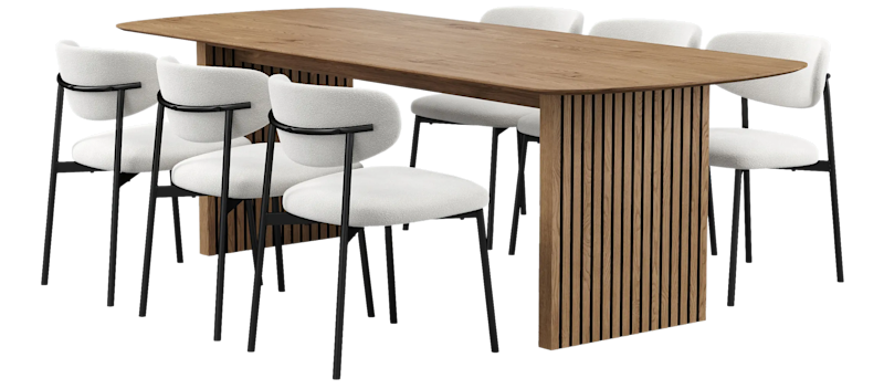 Richeto Spisebord 240 cm med 6 Lucy Spisestole, Naturlig finish / Hvid Bouclé / Metalben Sort